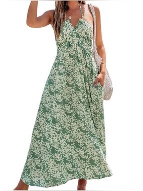 Green Floral Halter Maxi Dress - Sleeveless Summer Dress